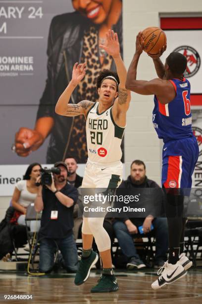 Wilson of the Wisconsin Herd plays defense against the Grand Rapids Drive on February 9, 2018 at the Menominee Nation Arena in Oshkosh, Wisconsin....