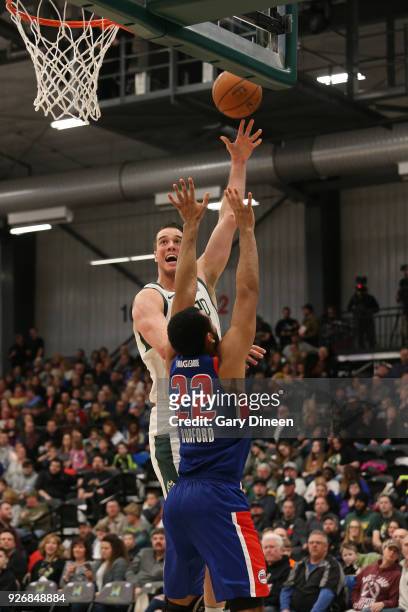 Marshall Plumlee of the Wisconsin Herd shoots the ball against the Grand Rapids Drive on February 9, 2018 at the Menominee Nation Arena in Oshkosh,...