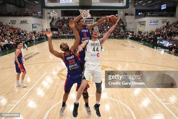 McDaniels of the Grand Rapids Drive blocks the shot by Marshall Plumlee of the Wisconsin Herd during the game on February 9, 2018 at the Menominee...