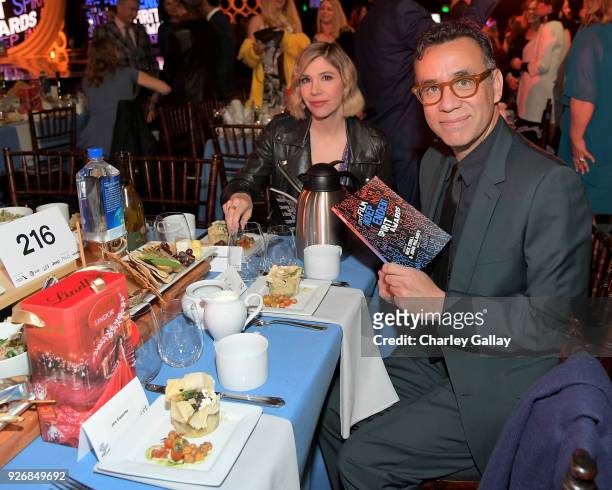 Actors Carrie Brownstein and Fred Armisen with Lindt Chocolate during the 2018 Film Independent Spirit Awards on March 3, 2018 in Santa Monica,...