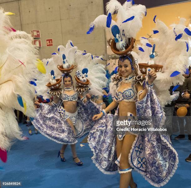 Portuguese carnival performers dance in BTL "Bolsa de Turismo Lisboa" trade fair on March 03, 2018 in Lisbon, Portugal. BTL is the benchmark for the...