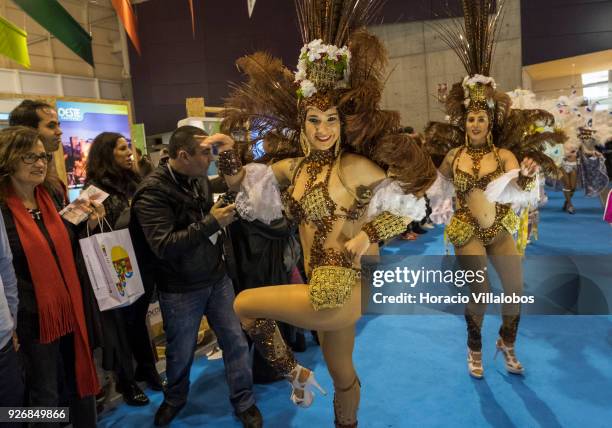 Portuguese carnival performers dance in BTL "Bolsa de Turismo Lisboa" trade fair on March 03, 2018 in Lisbon, Portugal. BTL is the benchmark for the...