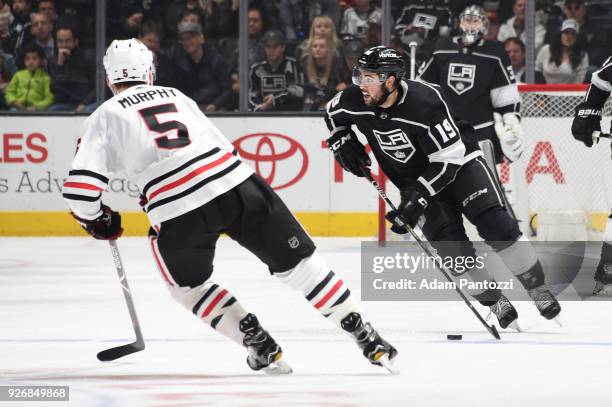 Alex Iafallo of the Los Angeles Kings handles the puck during a game against the Chicago Blackhawks at STAPLES Center on March 3, 2018 in Los...