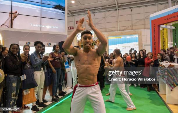 Dancers from Bahia perform at the Brazil stand in BTL "Bolsa de Turismo Lisboa" trade fair on March 03, 2018 in Lisbon, Portugal. BTL is the...