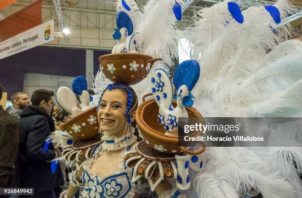 Portuguese carnival performers dance in BTL "Bolsa de Turismo Lisboa" trade fair on March 03, 2018 in Lisbon, Portugal. BTL is the benchmark for the...