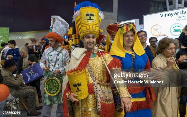 Costumed performers mingle with the crowd in BTL "Bolsa de Turismo Lisboa" trade fair on March 03, 2018 in Lisbon, Portugal. BTL is the benchmark for...