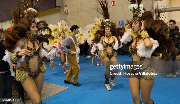 Portuguese carnival performers dance in BTL "Bolsa de Turismo Lisboa" trade fair on March 03, 2018 in Lisbon, Portugal. BTL is the benchmark for the...