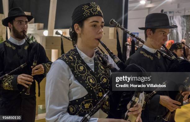 Pipers perform for visitors at Viana do Castelo stand in BTL "Bolsa de Turismo Lisboa" trade fair on March 03, 2018 in Lisbon, Portugal. BTL is the...