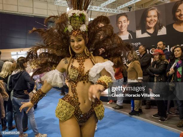 Portuguese carnival performers dance in BTL "Bolsa de Turismo Lisboa" trade fair on March 03, 2018 in Lisbon, Portugal. BTL is the benchmark for the...