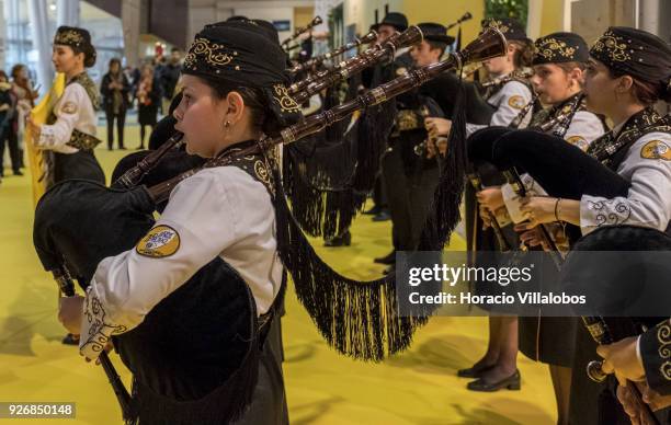 Pipers perform for visitors at Viana do Castelo stand in BTL "Bolsa de Turismo Lisboa" trade fair on March 03, 2018 in Lisbon, Portugal. BTL is the...