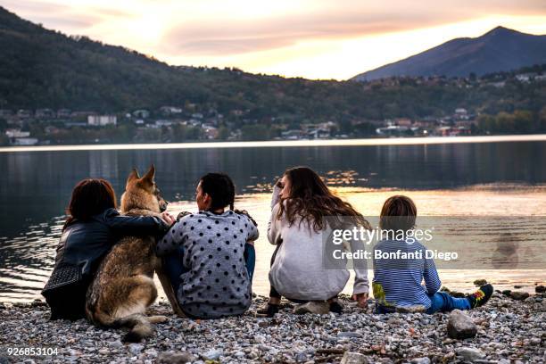 rear view of boy with family and dog by river at dusk, vercurago, lombardy, italy - vercurago stock pictures, royalty-free photos & images