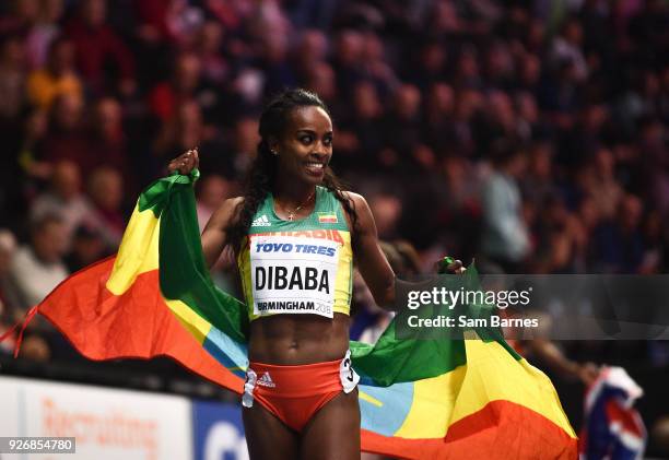 Birmingham , United Kingdom - 3 March 2018; Genzebe Dibaba of Ethiopia celebrates after winning the Women's 1500m on Day Three of the IAAF World...