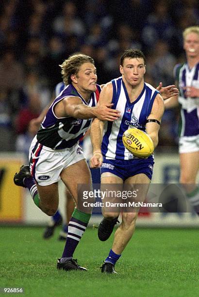 Shaun McManus for Fremantle and Brent Harvey for the Kangaroos in action during round 11 of the AFL season match played between the Kangaroos and the...