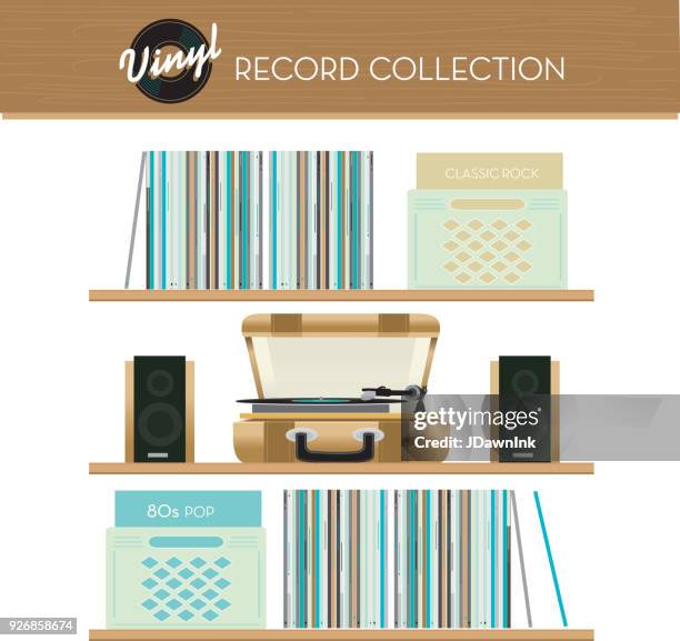 vinyl record collection on shelves - plastic crate stock illustrations