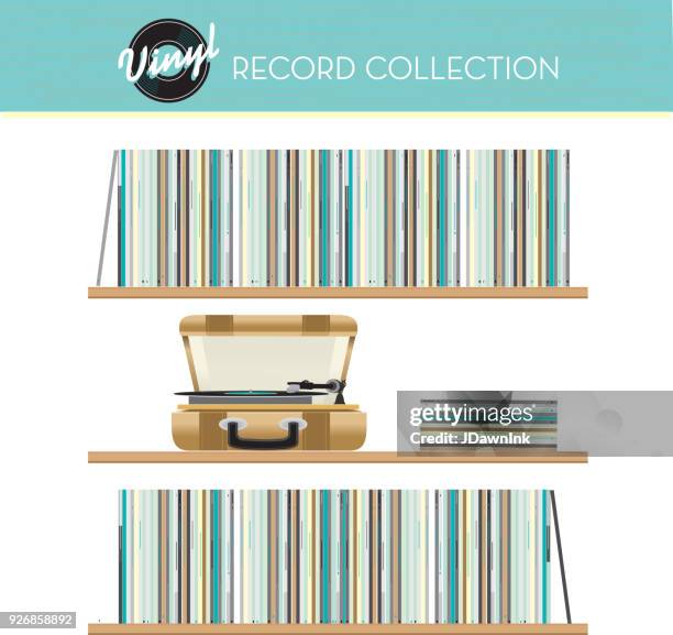 vinyl record collection on shelves - wood deck stock illustrations