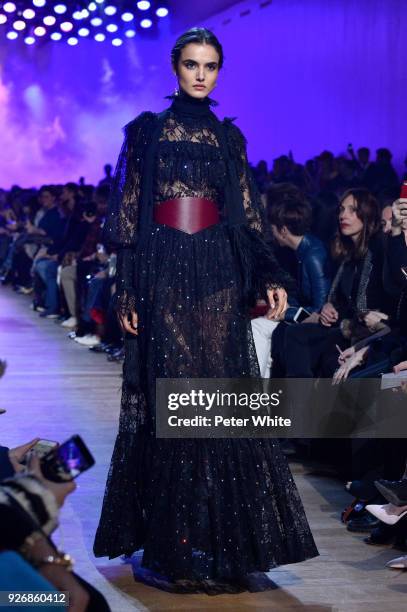 Blanca Padilla walks the runway during the Elie Saab show as part of the Paris Fashion Week Womenswear Fall/Winter 2018/2019 on March 3, 2018 in...