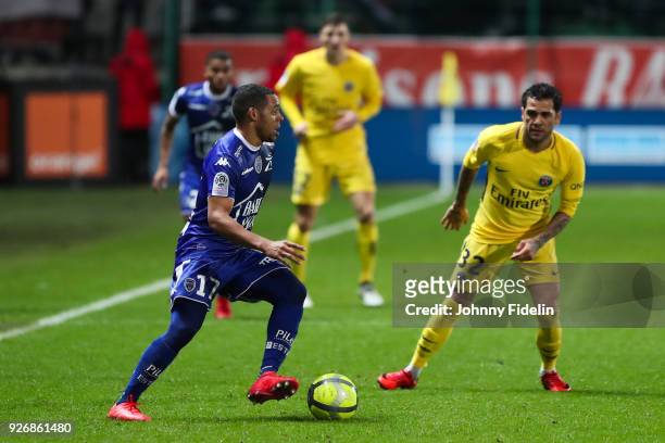 Johann Obiang of Troyes and Dani Alves of PSG during the Ligue 1 match between Troyes AC and Paris Saint Germain at Stade de l'Aube on March 3, 2018...