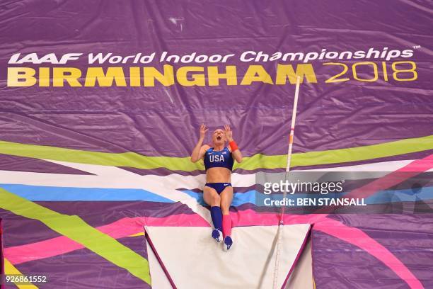 Athlete Sandi Morris celebrates winning the women's pole vault final at the 2018 IAAF World Indoor Athletics Championships at the Arena in Birmingham...