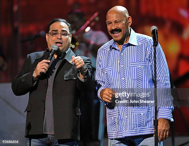 Musicians Gilberto Santa Rosa and Oscar De Leon perform onstage during the 10th Annual Latin GRAMMY Awards Rehearsals Day 2 held at the Mandalay Bay...