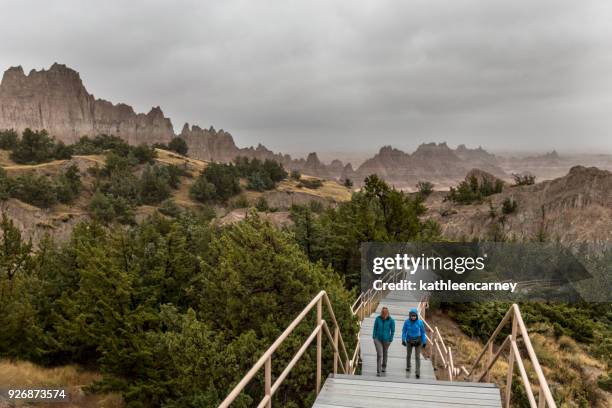 mother and daughter walking along a boardwalk, badlands national park, south dakota, america, usa - badlands national park stock pictures, royalty-free photos & images