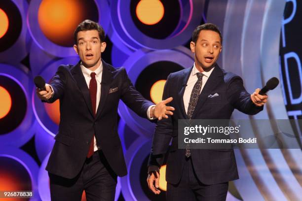 Hosts John Mulaney and Nick Kroll speak onstage during the 2018 Film Independent Spirit Awards on March 3, 2018 in Santa Monica, California.