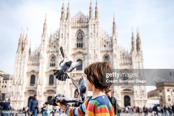 boy feeding pigeons in milan cathedral square, milan, lombardy, italy - daily life at duomo square milan stockfoto's en -beelden