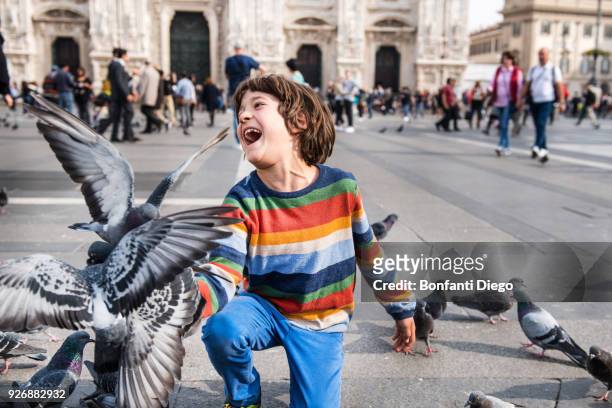 boy laughing while feeding pigeons in square, milan, lombardy, italy - daily life at duomo square milan stockfoto's en -beelden