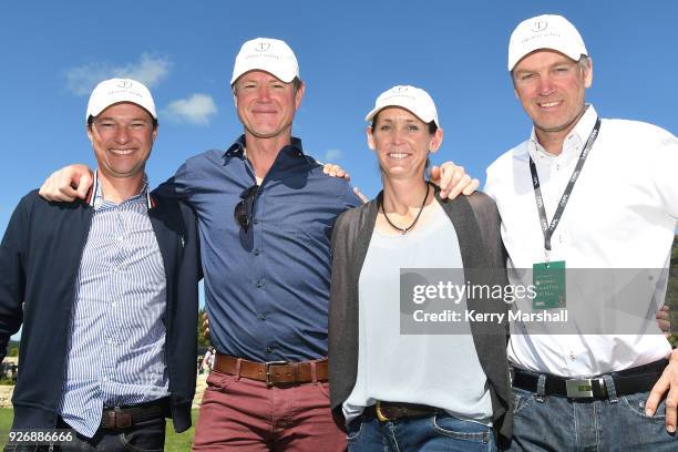 Bruce Goodin, Daniel Meech, Samantha McIntosh, and Richard Gardner pose for a photo during the Takapoto Estate Show at the Takapoto Estate on March...