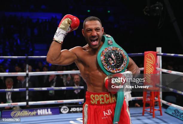 Kell Brook celebrates after defeating Sergey Rabchenko to win the Super-Welterweight contest at Sheffield Arena on March 3, 2018 in Sheffield,...