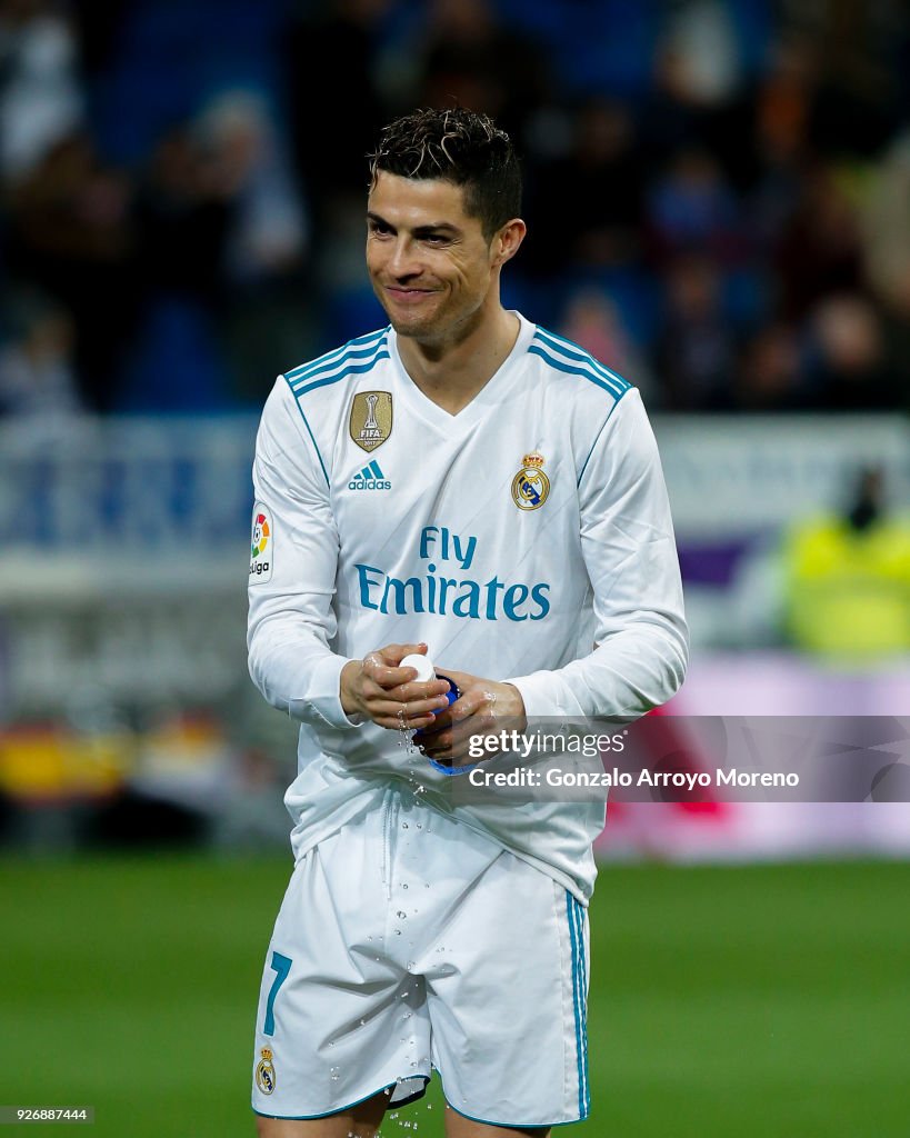 Cristiano Ronaldo of Real Madrid CF smiles prior to start the La