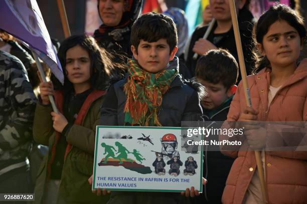 Kurds demonstrate against the Turkish attack on Afrin in Syria so-called 'olive branch' launched by Erdogan against what he called 'the terrorists of...