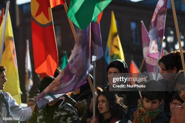 Kurds demonstrate against the Turkish attack on Afrin in Syria so-called 'olive branch' launched by Erdogan against what he called 'the terrorists of...