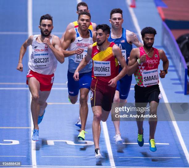 Adam Kszczot from Poland, Saul Ordonez of Spain, and Mostafa Smaili of Morocco, during the Men's 800m Final on Day 3 of the IAAF World Indoor...