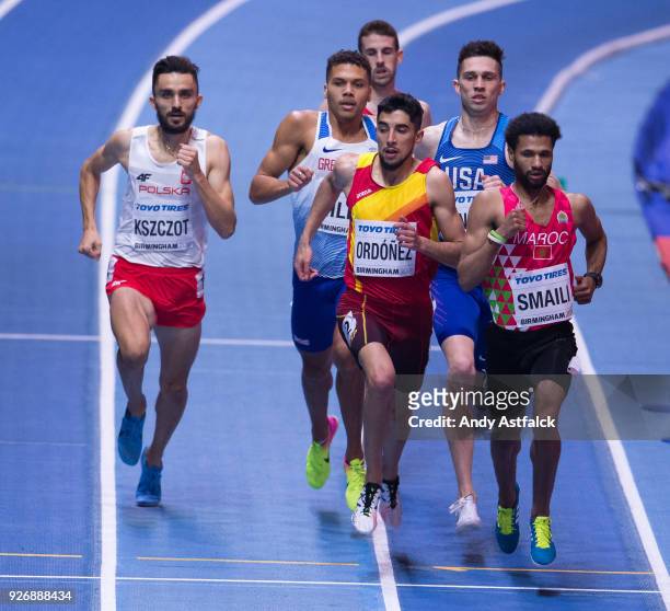 Adam Kszczot from Poland, Saul Ordonez of Spain, and Mostafa Smaili of Morocco, during the Men's 800m Final on Day 3 of the IAAF World Indoor...