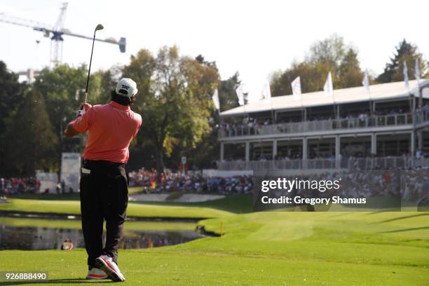 Pat Perez plays his third shot after hitting his ball on the water on the 17th hole during the third round of World Golf Championships-Mexico...