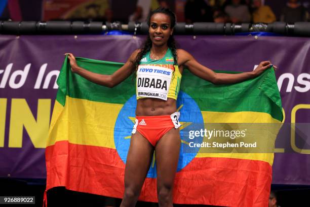 Gold Medallist, Genzebe Dibaba celebrates after the 1500 Metres Womens Final during the IAAF World Indoor Championships on Day Three at Arena...