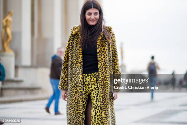 Giovanna Battaglia Engelbert wearing leopard print coat and pants is seen outside Haider Ackermann during Paris Fashion Week Womenswear Fall/Winter...