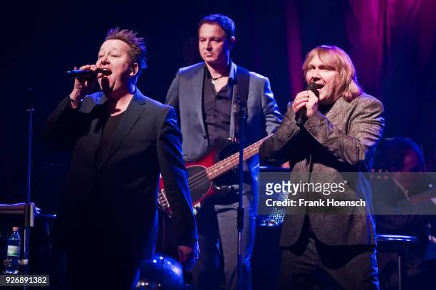 Singer Sebastian Krumbiegel and Tobias Kuenzel of the German band Die Prinzen perform live on stage during a concert at the Admiralspalast on March...