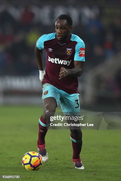 Michail Antonio of West Ham United in action during the Premier League match between Swansea City and West Ham United at Liberty Stadium on March 3,...