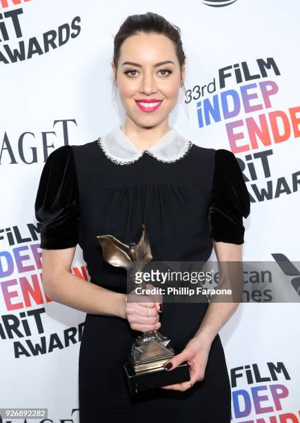 Actor Aubrey Plaza, winner of Best First Feature for 'Ingrid Goes West', poses in the press room during the 2018 Film Independent Spirit Awards on...