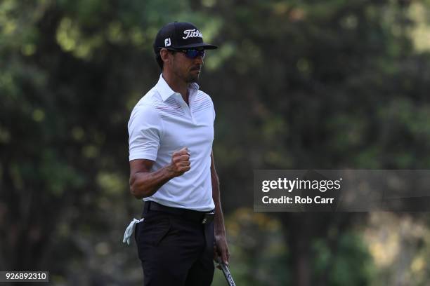 Rafa Cabrera Bello of Spain reacts after putting on the 16th green during the third round of World Golf Championships-Mexico Championship at Club de...