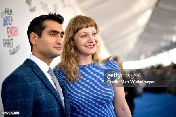 Kumail Nanjiani and Emily V. Gordon attend the 2018 Film Independent Spirit Awards on March 3, 2018 in Santa Monica, California.