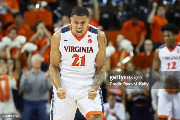 Isaiah Wilkins of the Virginia Cavaliers cheers in the second half during a game against the Notre Dame Fighting Irish at John Paul Jones Arena on...