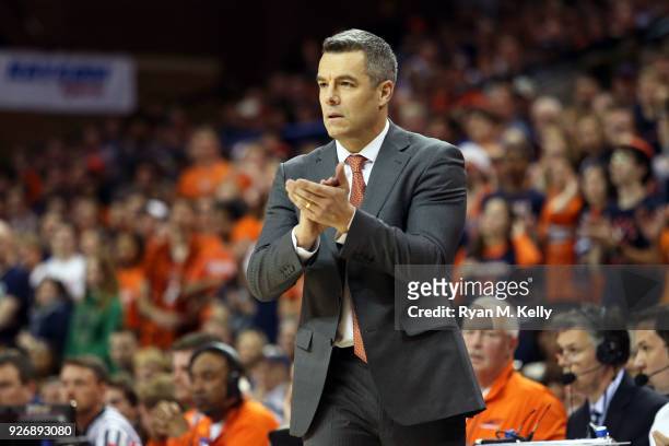 Head coach Tony Bennett of the Virginia Cavaliers claps in the second half during a game against the Notre Dame Fighting Irish at John Paul Jones...