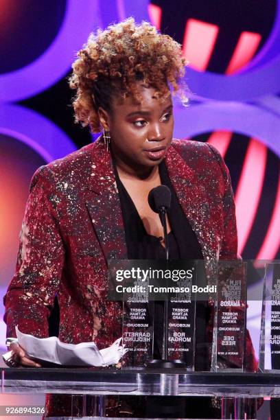 Writer/director Dee Rees accepts the Robert Altman Award for 'Mudbound' onstage during the 2018 Film Independent Spirit Awards on March 3, 2018 in...
