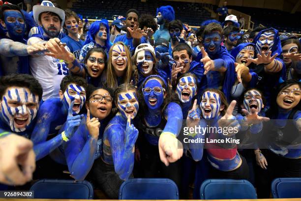 Cameron Crazies and fans of the Duke Blue Devils pose for a photo prior to their game against the North Carolina Tar Heels at Cameron Indoor Stadium...