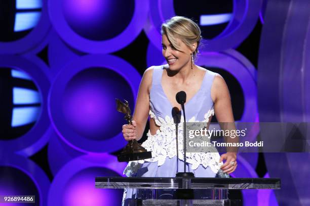 Actor/writer/director Greta Gerwig accepts Best Screenplay for 'Lady Bird' onstage during the 2018 Film Independent Spirit Awards on March 3, 2018 in...