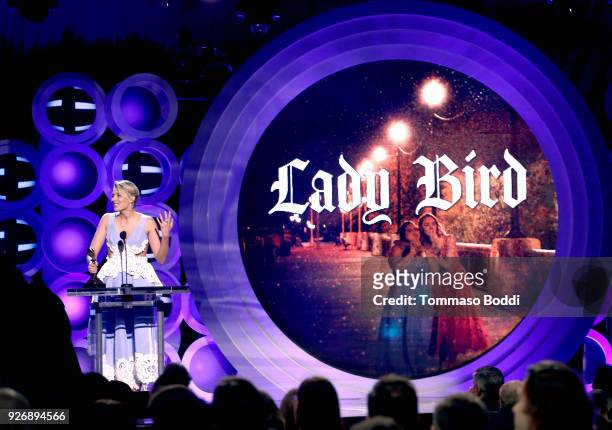 Actor/writer/director Greta Gerwig accepts Best Screenplay for 'Lady Bird' onstage during the 2018 Film Independent Spirit Awards on March 3, 2018 in...