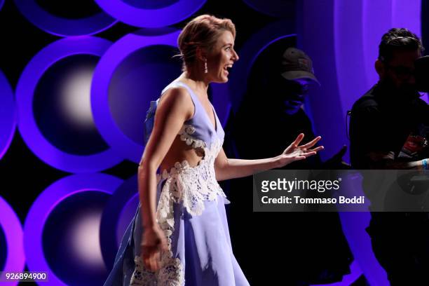 Actor/writer/director Greta Gerwig accepts Best Screenplay for 'Lady Bird' onstage during the 2018 Film Independent Spirit Awards on March 3, 2018 in...