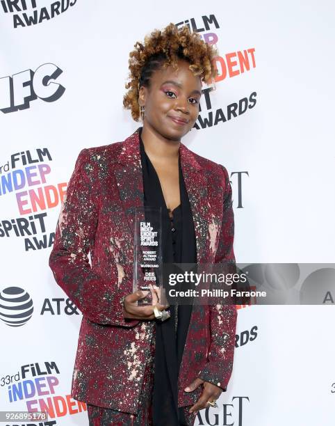 Director Dee Rees, winner of the Robert Altman Award for 'Mudbound', poses in the press room during the 2018 Film Independent Spirit Awards on March...